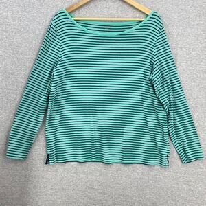 Talbots Weekend Tee Womens 1X Green Striped Long Sleeve Stretch Split Sides